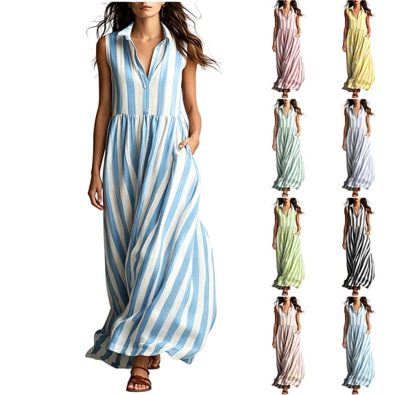 Horkkom Maxi Dresses for Women V Neck Striped Print Sleeveless Flowy Dresses Summer Casual Long Dresses, S-2XL