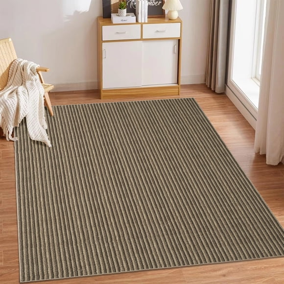 Modern Stripe Area Rug, Machine Washable Low Pile Pearl Velvet Carpet with Non-Slip Backing, Foldable Contemporary Printed Rug for Living Room, Bedroom, Nursery & Kitchen