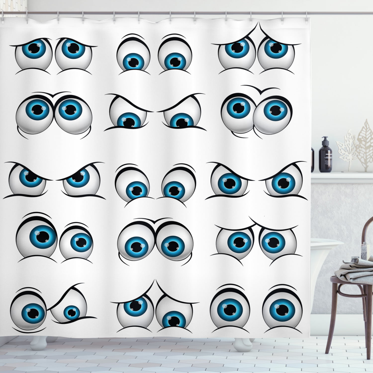 Eye Shower Curtain, Cartoon Style Eyes Various Different Expressions  Emoticons Humorous Funny, Fabric Bathroom Set with Hooks, 69W X 75L Inches  Long, Pale Blue Black White, by Ambesonne 