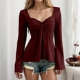 thumbnail image 2 of Long Sleeve Babydoll Tops for Women Sweetheart Neckline Peplum Tops Petite Knotted Wrap V Neck Shirts Wine S, 2 of 6