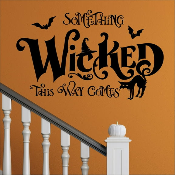 Something Wicked This Way Comes with Spooky Cat, Witch Hat and Bats Vinyl Lettering Halloween Decals Wall Decal Size: 20"H x 32"L - Color: Black