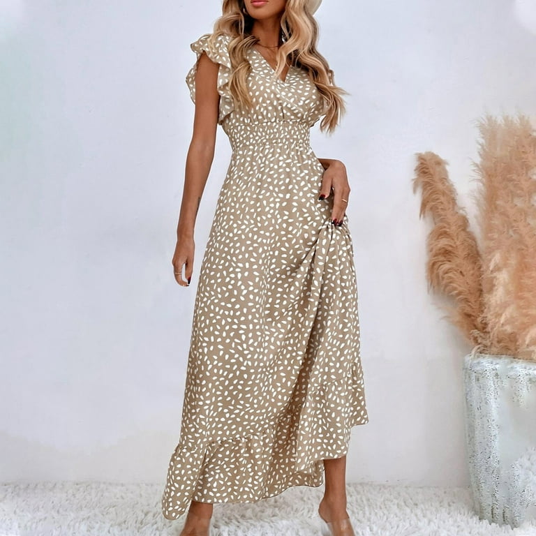 Uaswgudfs Sleeveless Halter Neck Midi Sundress - Summer Dresses for Women  2025 Casual Asymmetrical Hem Dress with High Waist Design Khaki L -  Walmart.com