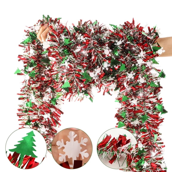 33 FT Christmas Tinsel Garland Decorations,Red Green and White Garland with Tree,Snowflakes,Shiny Metallic Garlands for Christmas Indoor Outdoor Decorations