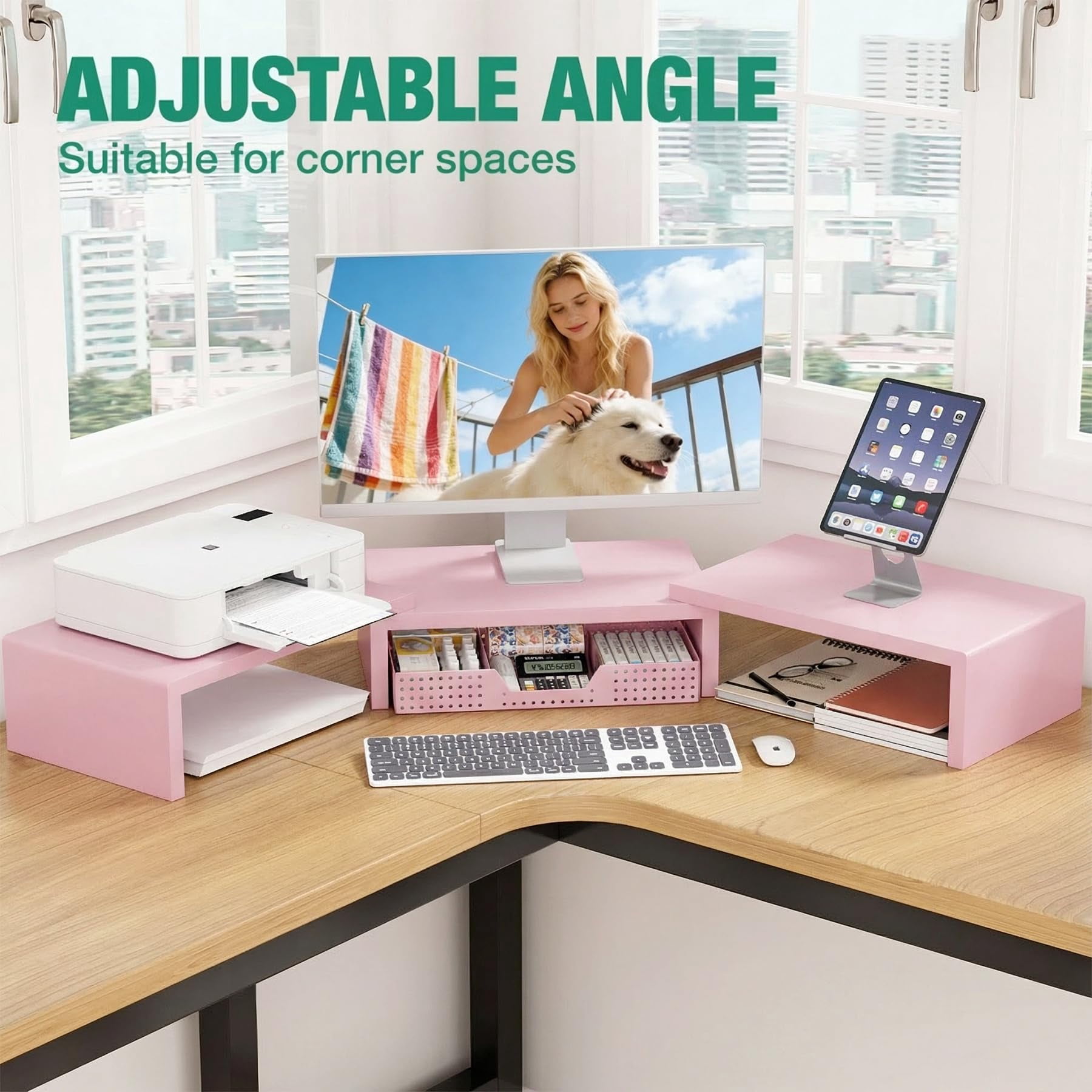 Desk Organizers And Accessories  Dual Computer Monitor Stand Riser With Drawer Office Decor For Women & Workspace Pink