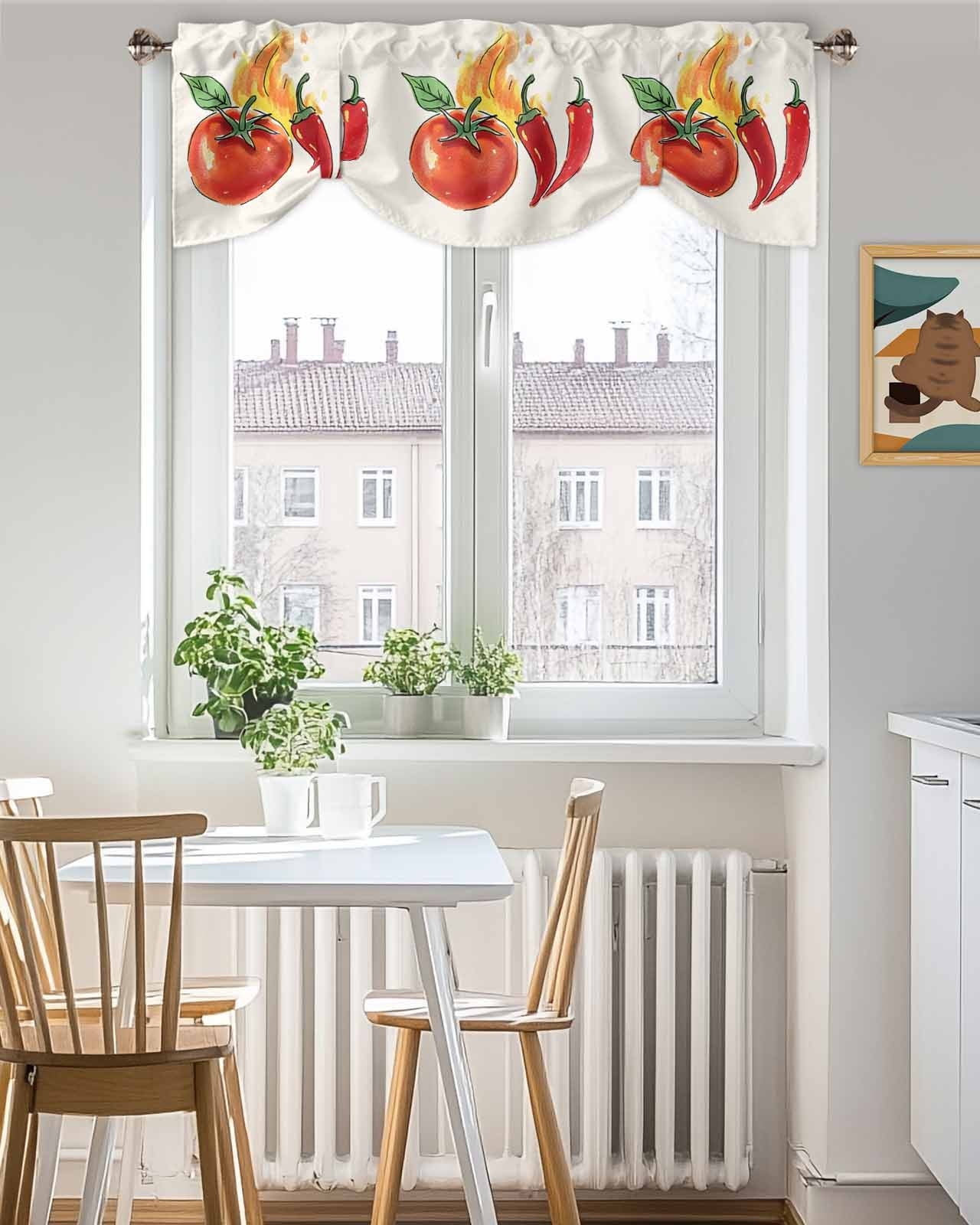 Tomato Chili Fire Tie Up Valances Curtain, Vegetable Kitchen Valances for Windows Decor, Rod Pocket Short Curtains Set for Bedroom/Bathroom, 54"x18"