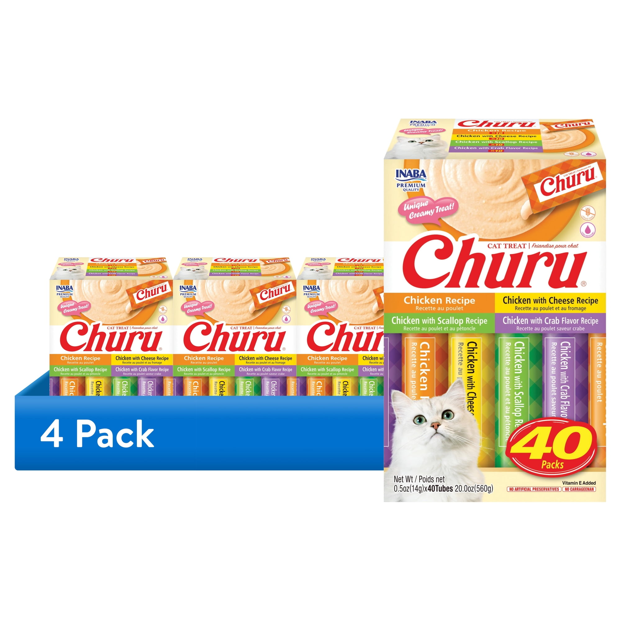 (4 pack) Inaba Churu Creamy, Lickable Wet Cat Treats, 0.5 oz, 40 Tubes, Chicken Variety