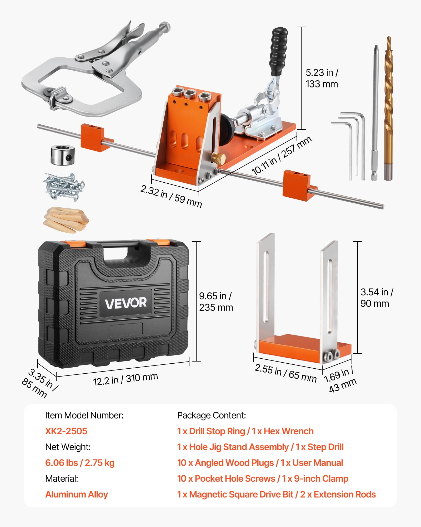 VEVOR Pocket Hole Jig Kit, 1/2 to 1-1/2 in Adjustable,Jig Pocket Hole System with Toolcase, C-Clamp, Step Drill, Hex Wrench, Drill Stop Ring, Square Drive Bit, Reinforced Metal Frame, for Woodworking