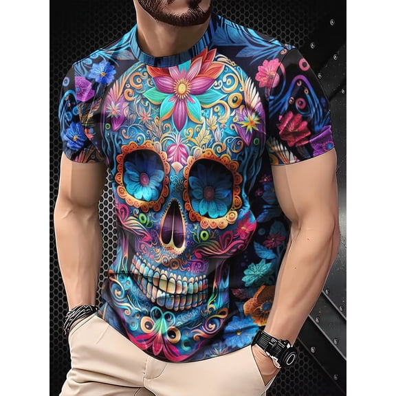 Men's 3D Skull Pattern T-Shirt - Casual Comfort Fit, Short Sleeve Pullover, Summer Novel T-Shirt, Machine Washable, Summer Outdoor Clothing, Large