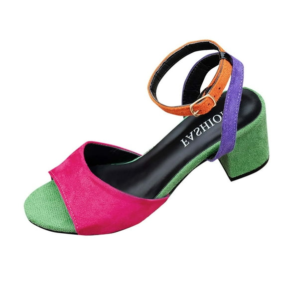 Sandals for Women 2025 Chunky Heel Open Toe Casual Daily Summer Trendy Solid Color Women Footwear Comfortable Ankle Strap Walking Beach Shoes Multicolor 5.5