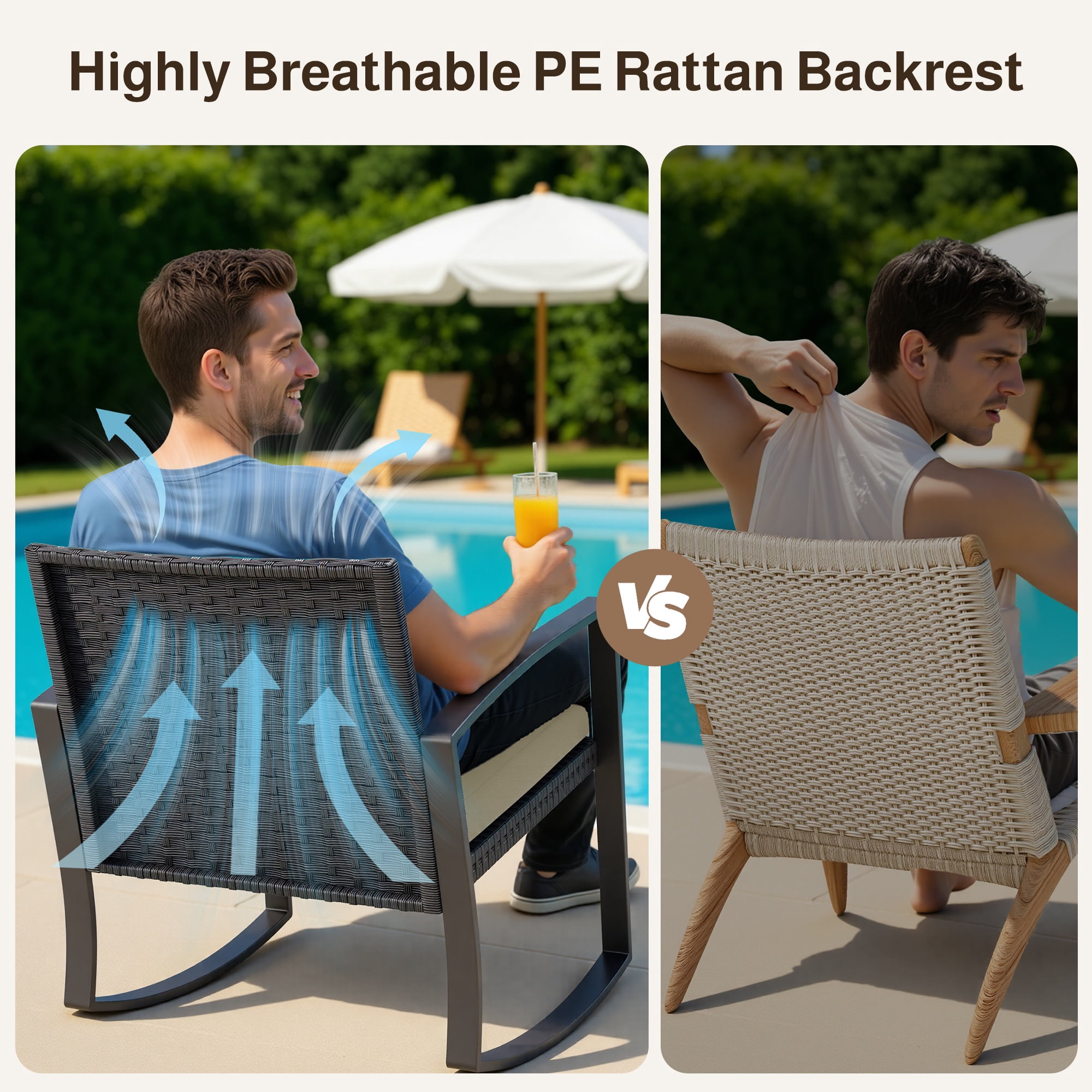 Patio Furniture Set, Asofer Rocking Wicker Chair with Soft Cushion and Coffee Table, for Garden, Balcony, Backyard, Black