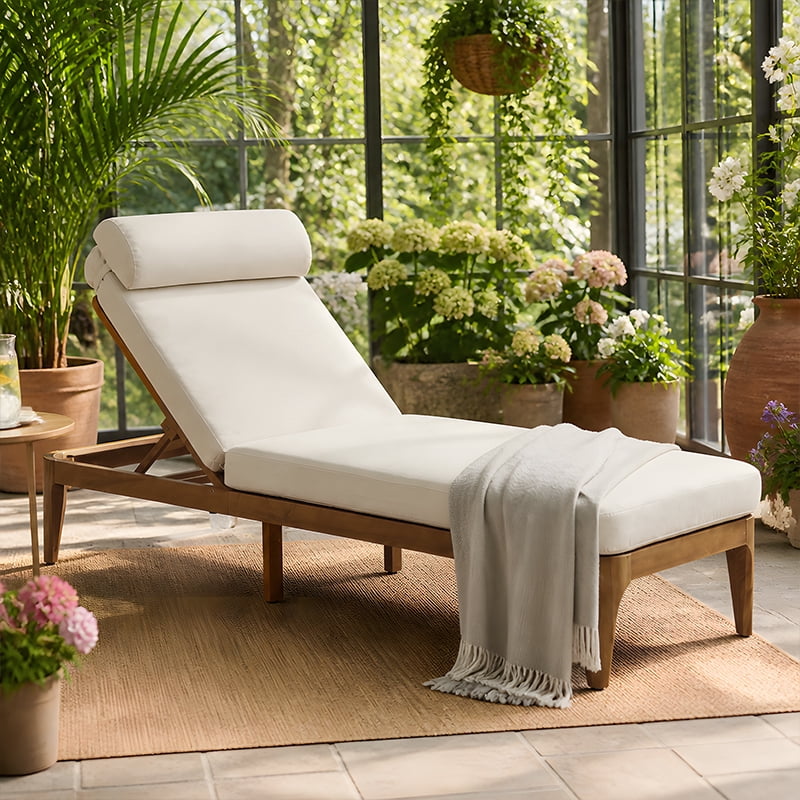 Mintazer Outdoor Chaise Lounge Chair with Removable Cushion & Head Pillow, Patio Recliner with 4 Gear Adjustable Recliner & Anti-Slip Feet for Poolside Backyard, Natural & Beige