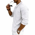 thumbnail image 2 of XUNKUSGA Long Sleeve Shirts for Men Regular Fit Soft Cotton Linen Mandarin Collar Button Down Dress Shirt Classic Striped Business Casual Mens Shirts with Pocket White XL, 2 of 9