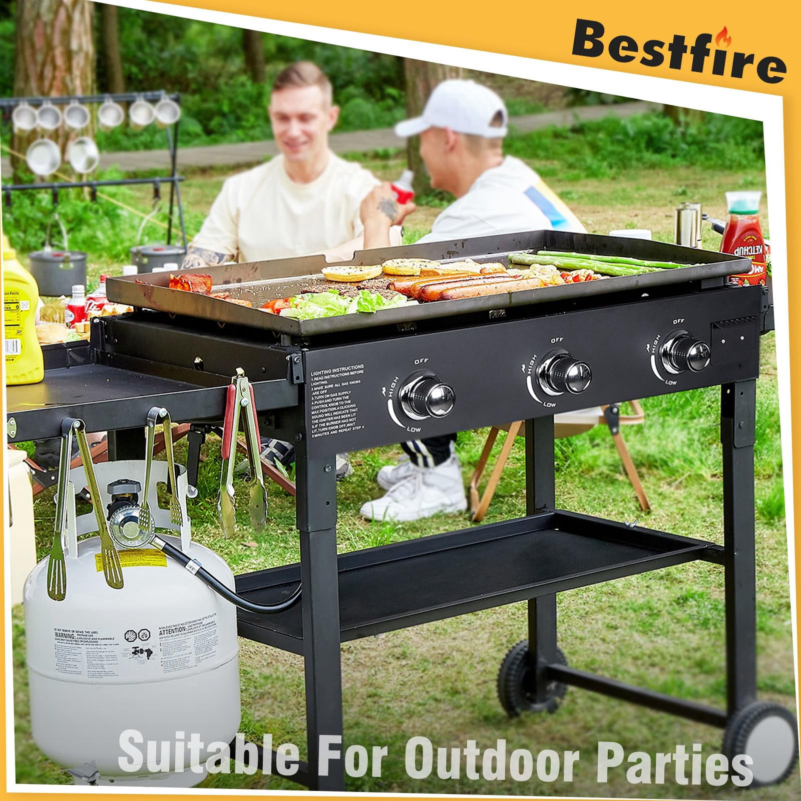 Frizi 45,000 BTU 3-Burner 35" Flat Top Propane Grill with Foldable Shelves, Porcelain-Enameled Cast Iron Grate, Portable Outdoor Griddle for Camping, BBQ, and Tailgating