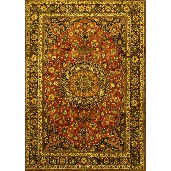 Ahgly Company Machine Washable Indoor Rectangle Medallion Yellow Traditional Area Rugs, 5' x 7'