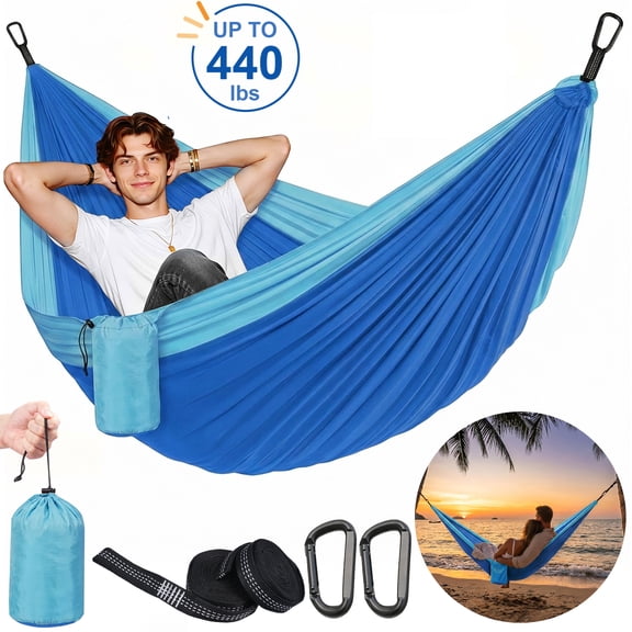 NOCOEX Camping Hammock with Tree Straps & Built-In Side Pocket, Anti-Tip 440lbs Parachute Portable Hammock for Travel Hiking Backpacking Beach, Blue