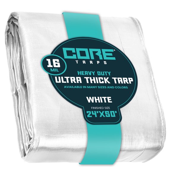 Core Tarps 16 Mil Heavy Duty Tarp Tarpaulin Waterproof Cover, White 24′ X 50′Ft