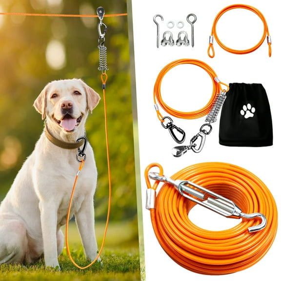 Furggis Tie-Out Cable for Large Dogs, 75 Ft Adjustable Dog Trolley System for Large Dogs Up to 250 lb, Orange
