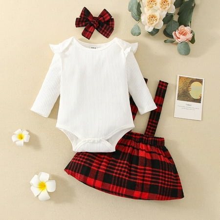 

NIUREDLTD Baby Girls Cotton Plaid Autumn Long Sleeve Romper Bodysuit Suspender Dress Headbands Set Clothes