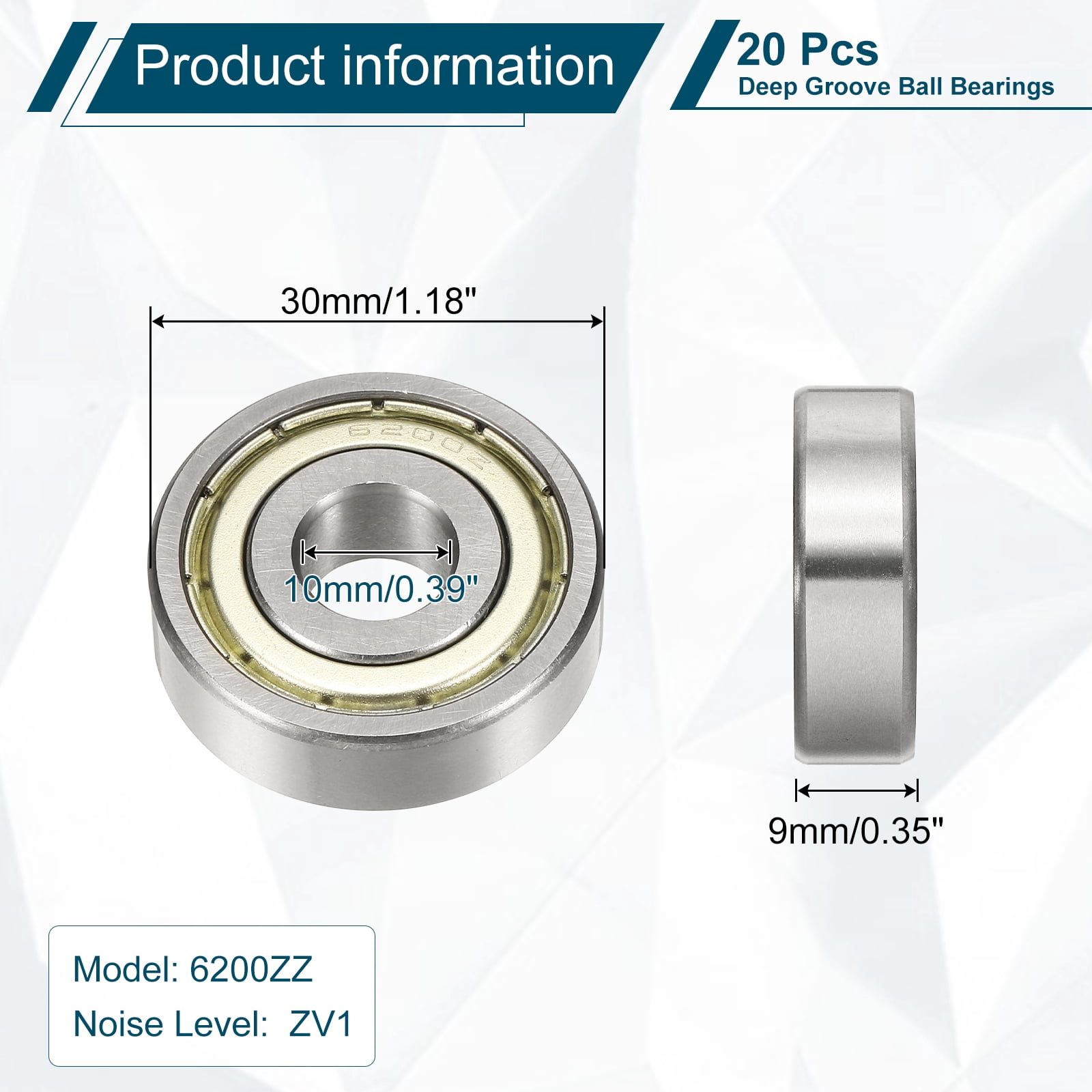 Uxcell 20 Pack 6200ZZ Deep Groove Ball Bearings, 10 x 30 x 9mm Silent Chrome Steel Double Shield Bearing for Electric Motor, Home Appliances, Industrial Machinery