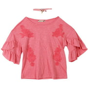 Speechless Girls' Big Ruffle Sleeve Knit Top with Necklace, Coral, Medium