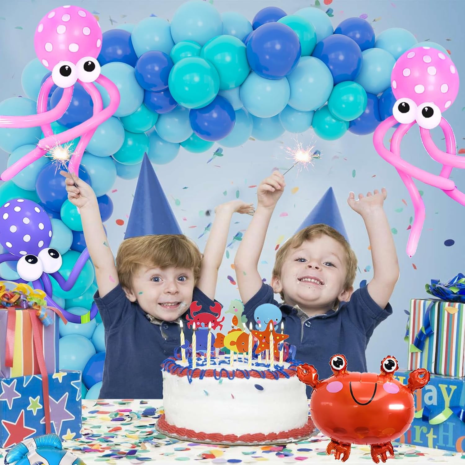 Under the Sea Party Decorations, Birthday Decorations for Kids Boys, Balloon Arch Kit with Happy Birthday Banner, Ocean Animals Balloons Party Decoration Supplies