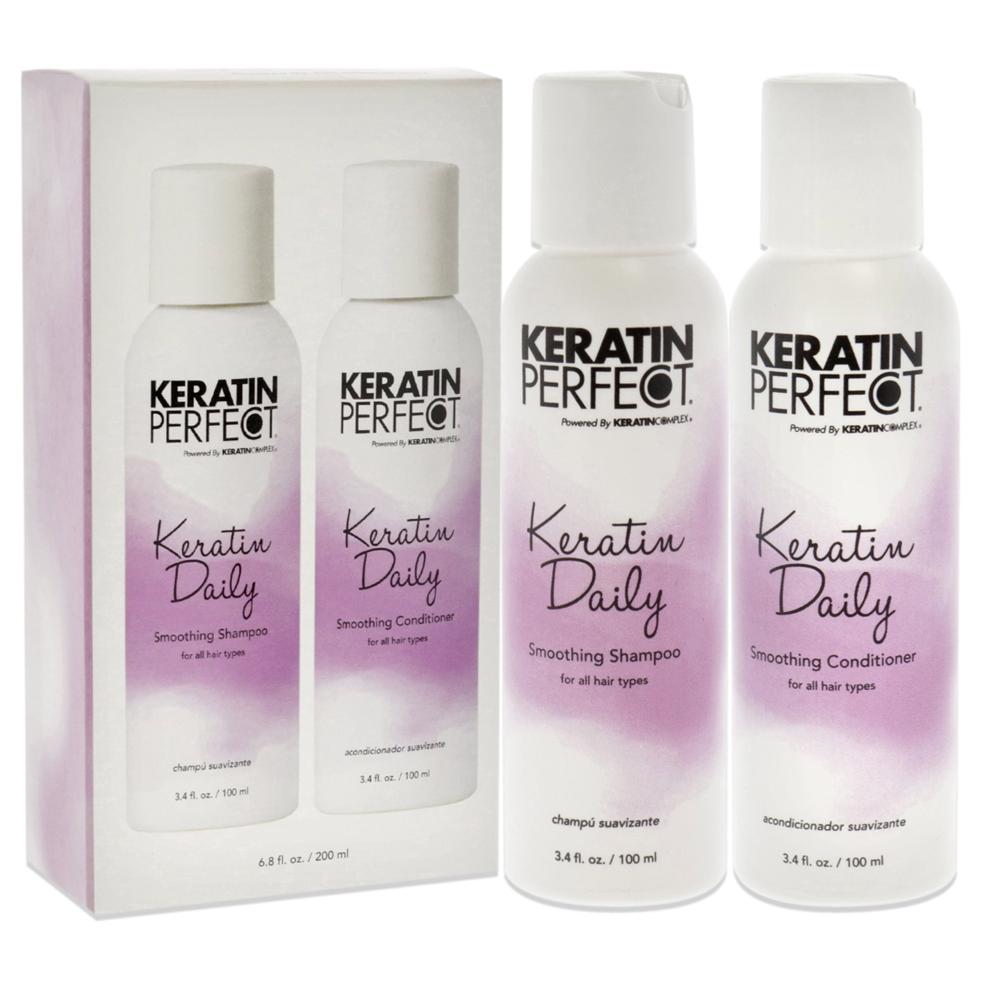 Keratin Perfect Daily Travel Duo - Shampoo & Conditioner - Fights Frizz, Enhances Softness - Prolongs Keratin Treatment - No Added Sulfates or Sodium Chloride - 3.4 oz Shampoo/Conditioner, Clear