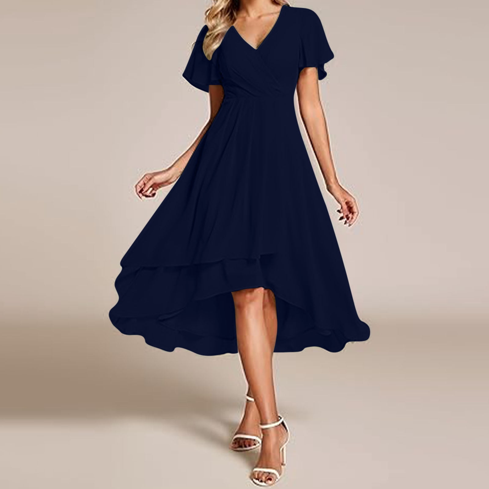 gljltg Women's Solid Color Ruffle Sleeves Pleated V-neck A-line Mid Length Short Sleeve Dress for Women, Girl, Spring, Summer, Suitable for Casual, Daily, Birthday, Dating, Dance