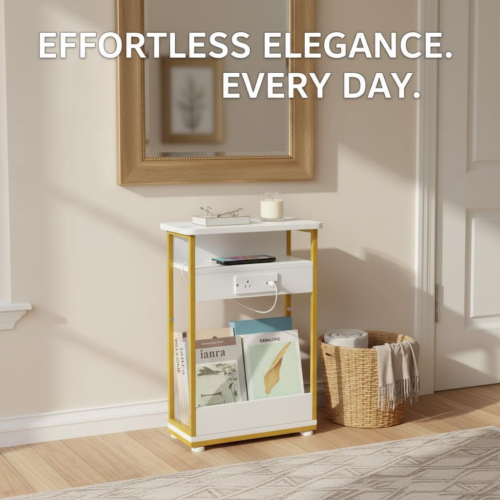 Narrow Side Table with Charging Station, 3 Tier Slim End Table with Storage Shelf for Small Spaces, 21.6 Inch Height Thin Tables Small Nightstand Magazine Rack for Living Room, White+Gold