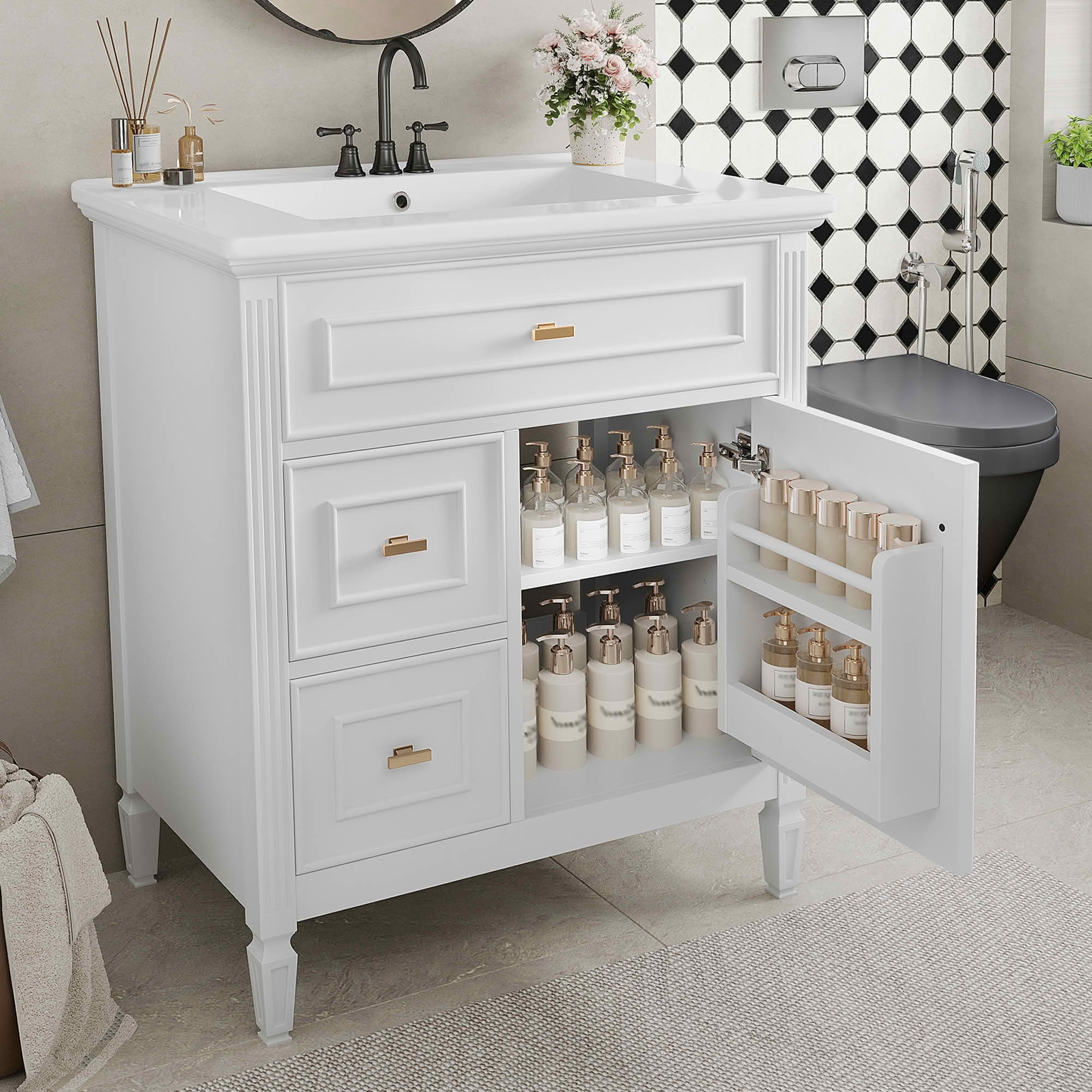 MAYEERTY 30" Bathroom Vanity with Sink, 1 Flip Drawer 2 Drawers Adjustable Shelf, Solid Wood MDF, White