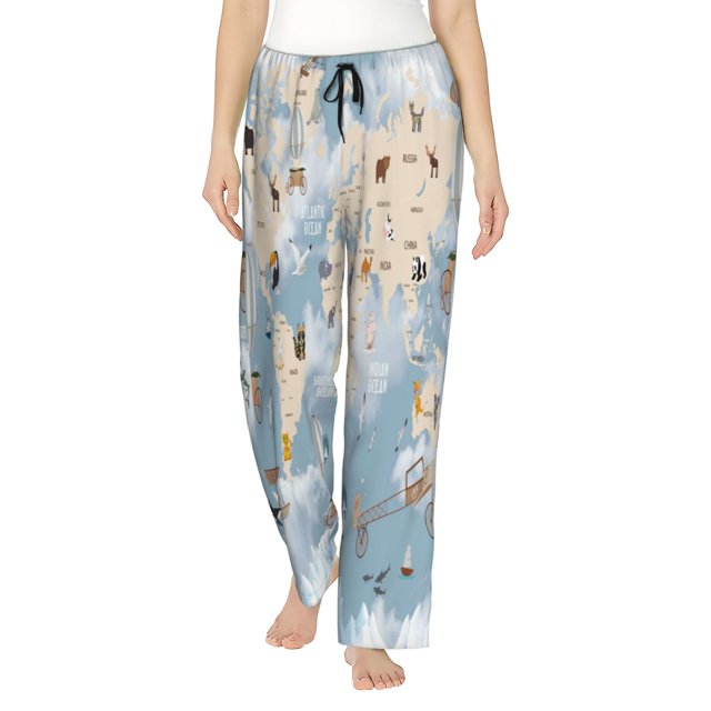 Daiia Animals Travel World Map Pattern Women's Sleep Pant with Pockets and Drawstring,Pajama Pants-X-Large
