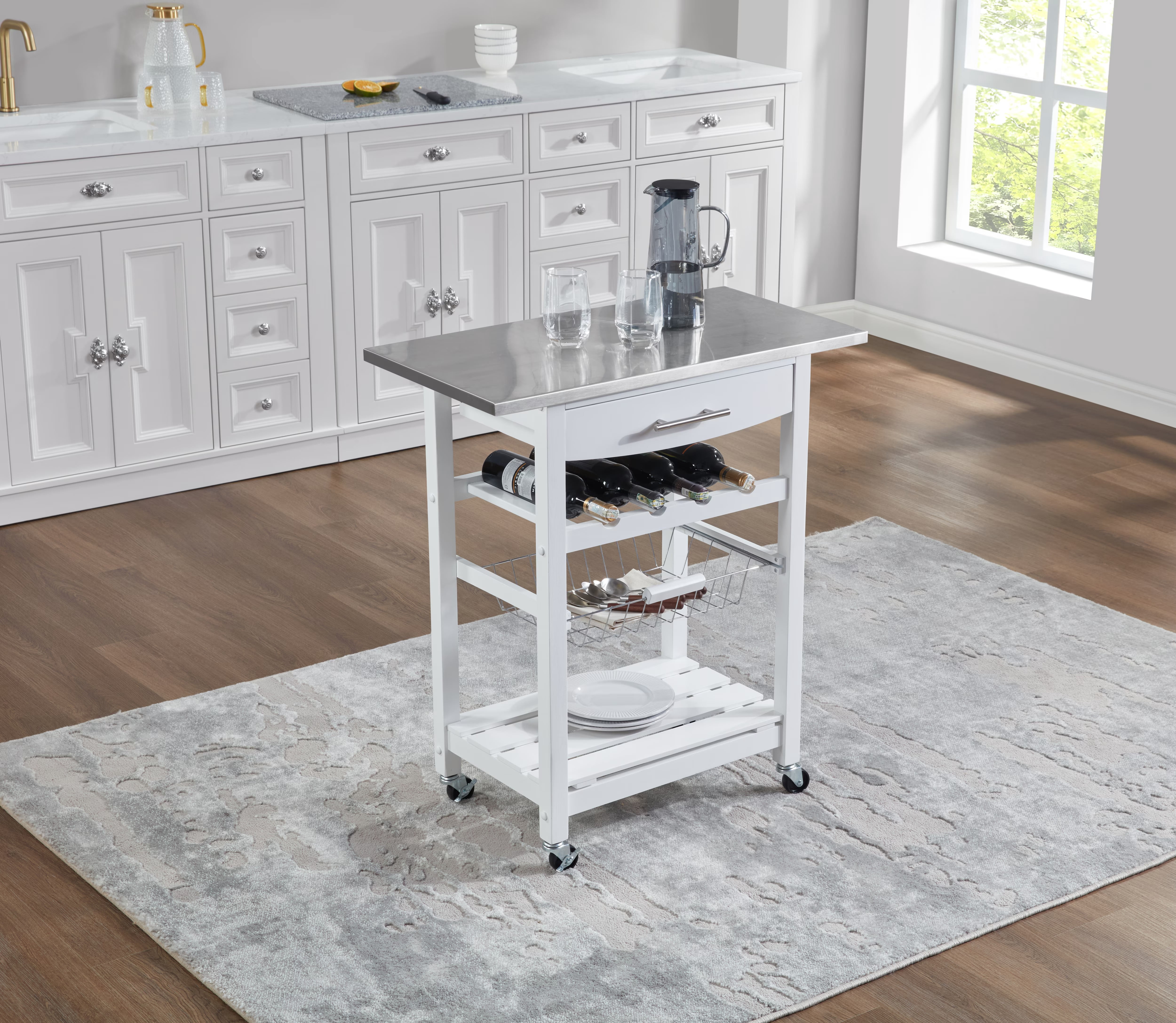 Avobird Kitchen Island Cart, Mobile Kitchen Cart with 30inch Stainless Steel Countertop/Underneath Drawer/Slide-Out Wire Storage Basket, White