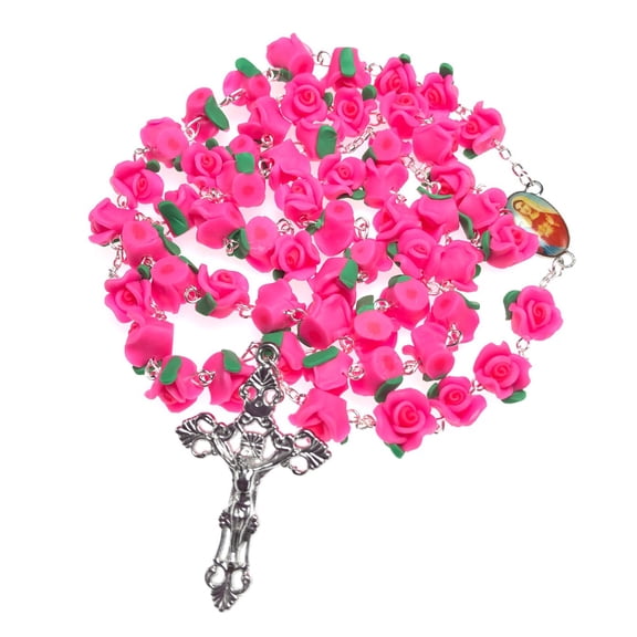 Soft Pottry Rosary Necklace Rose Bead Chain Pendant Ornament for Home Church Yoga Studio Decorations Gift
