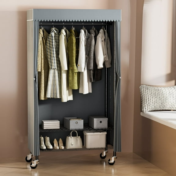 Clothes Rack 300 lbs Rolling Heavy Duty Clothing Rack with Gray Dust Cover, Freestanding Garment Rack with 2-Tier Storage Shelf Wheels Hanging Rod Cover, 35.4"x17"x72.4"