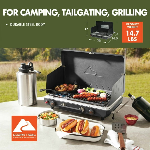 Ozark Trail 2 Burner Black Propane 2-in-1 Portable Camp Stove and