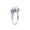 thumbnail image 3 of White Freshwater Cultured Pearl 8-8.5mm with Diamond and Tanzanite and Amethyst Ring In Sterling Silver for Women, 3 of 6