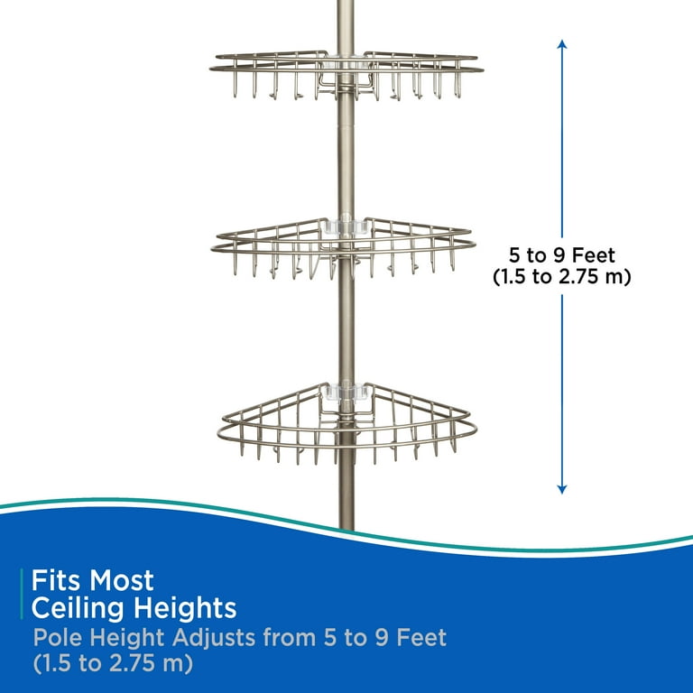 Kenney 3-Tier Stainless Steel Spring Tension Shower Corner Pole Caddy with Four Clip-on Hooks and Razor Holders, Satin Nickel Kenney 3-Tier Stainless Steel Spring Tension Shower Corner Pole Caddy with Four Clip-on Hooks and Razor Holders, Satin Nickel