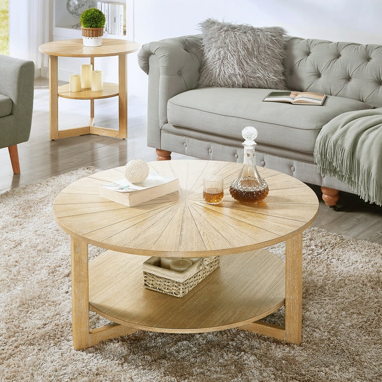 URTR 35.04 in. W Natural Light Brown Small Round Wood Coffee Table with Metal Frame for Living Room, Office, Bedroom