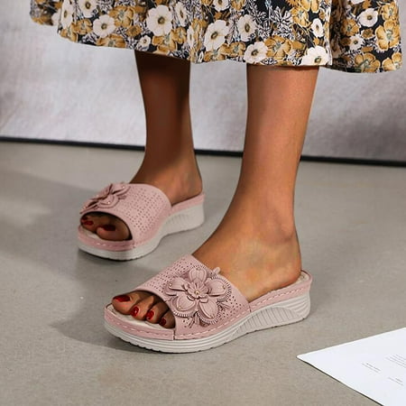 

Aayomet Women Slippers Large Flower Slippers Women Casual Slope Summer Heel Women s slipper Pink 8.5