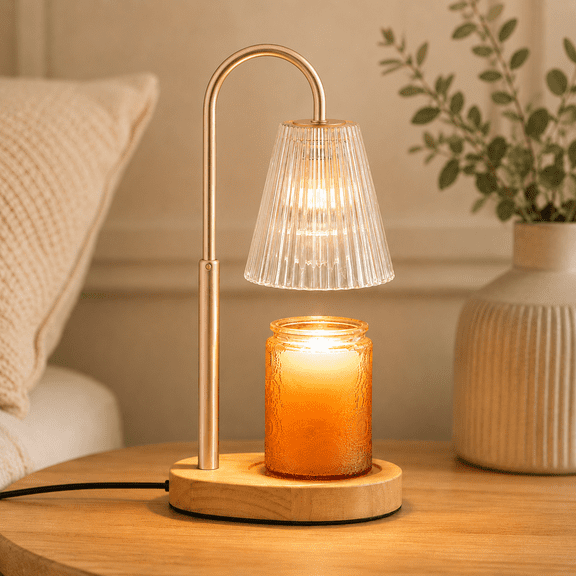 Candle Warmer Lamp with Timer, Dimmable, Adjustable Height - Electric Top Down Melting for All Jar Candles - Home Decor Wax Melter Light in Amber (Includes 2 Halogen Bulbs)