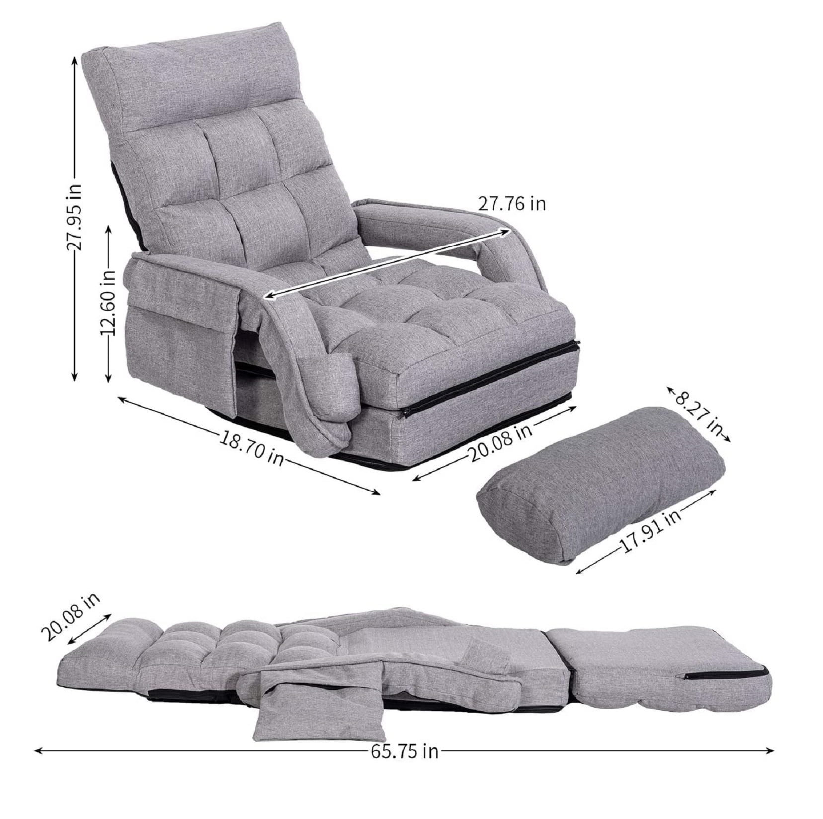 Prime Garden Floor Chair 6-Position Folding Gaming Chair for Meditation Indoor, Light Gray