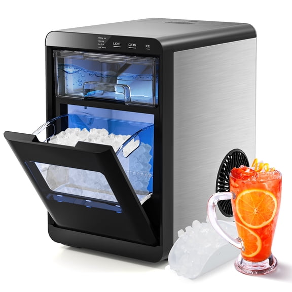 Costway Portable Nugget Ice Maker Countertop with Self-Cleaning One-Touch Operation Black & Silver