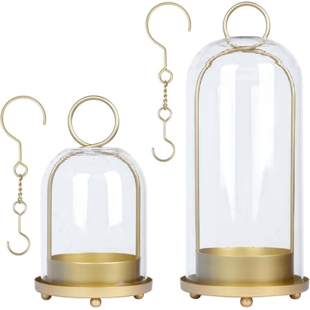 Fohil 2 Pack Candle Holders, 5"&4" Metal Brass Glass Dome, Table Centerpiece for Wedding Christmas Decor