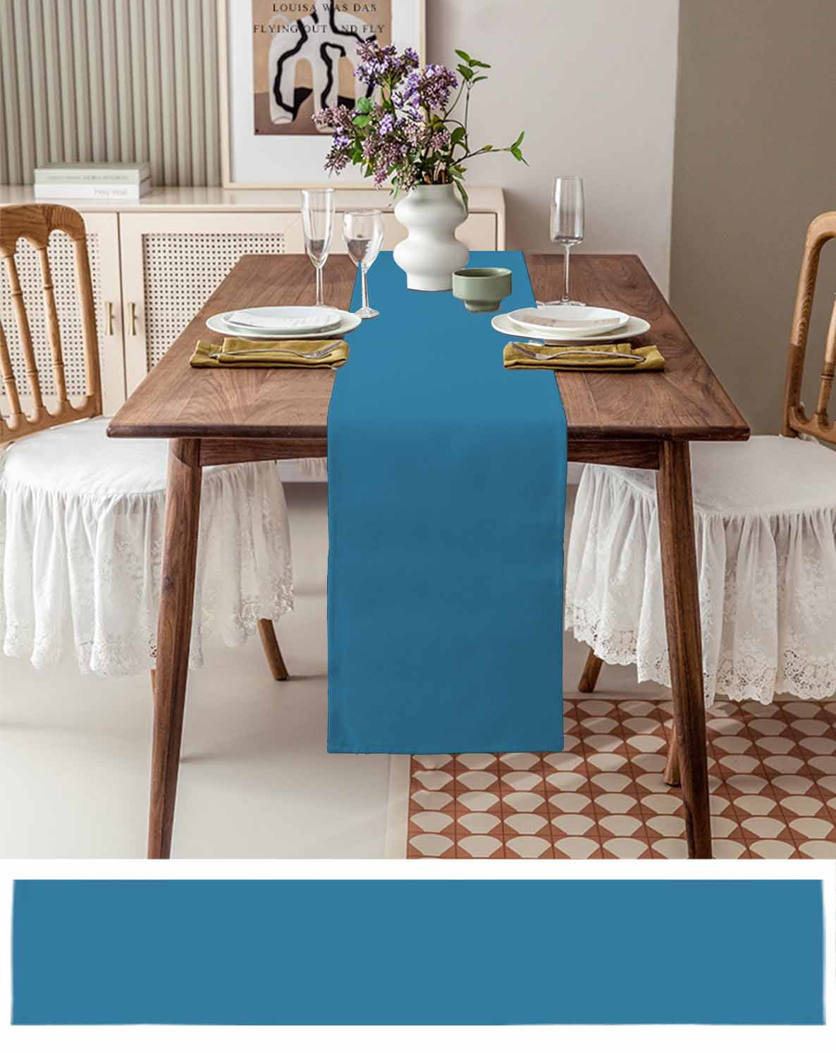 ERUNPONLY Blue Table Runner - 120 Inch Long Modern Pure Wave Ride Cotton and Linen Blended Dress Scarves Farmhouse Table Runner for Kitchen Dining, Coffee Table, 13" x 120"