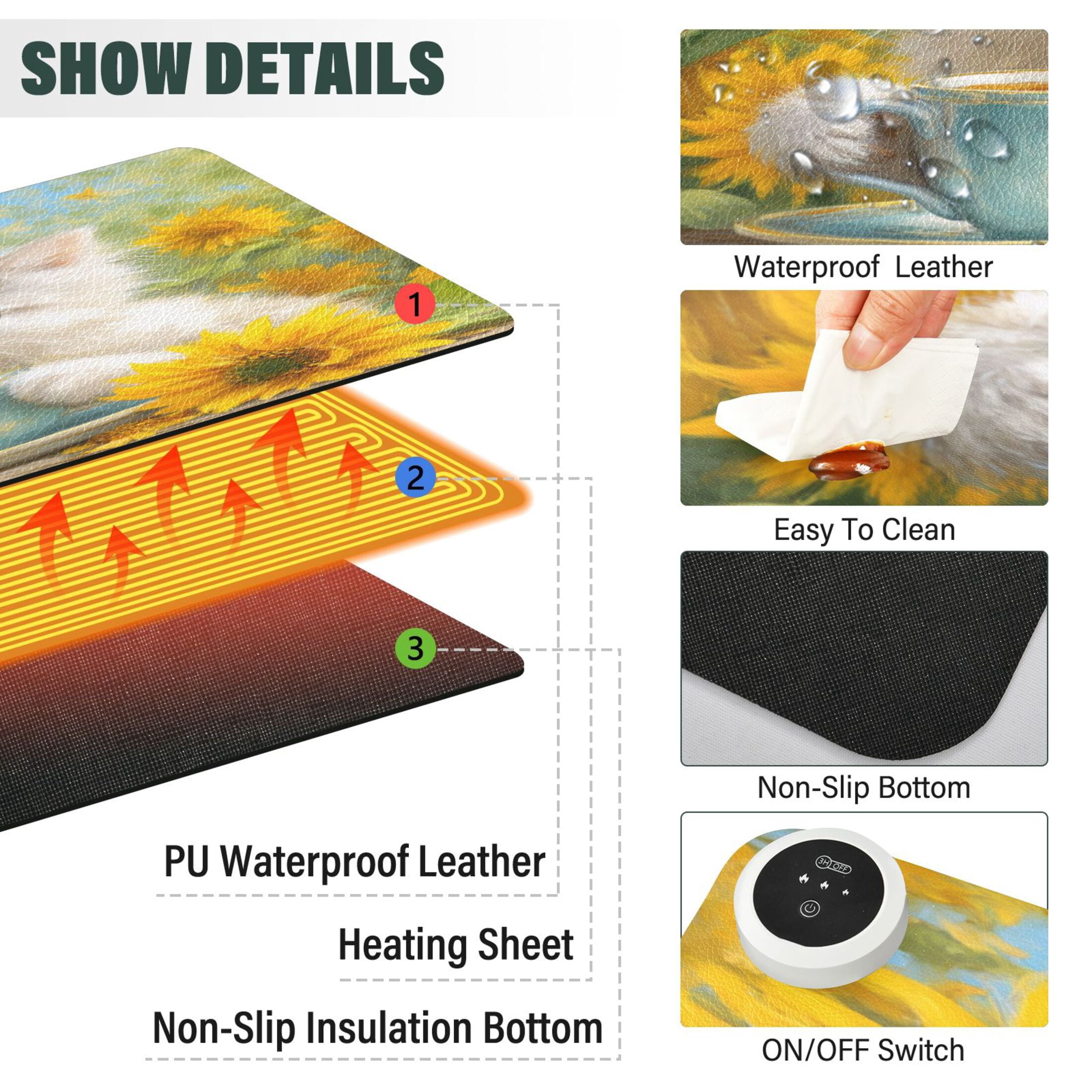 Large Heated Desk Mat Mouse Pad 31.5"x13"PU Leather Graphene Heating Desk Warmer with 3 Temperature Settings 110V US Plug Non-Slip Warm Pad for Home, Office, and Gaming Elegant Blue-eyed White Cat