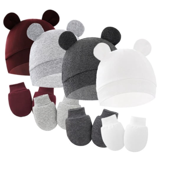 GYRATEDREAM Unisex Newborn Baby Girls Boys Hats Mittens Set Bear Ears Hat Beanie Infant Bow Hats Baby Cotton Gloves No Scratch Mittens