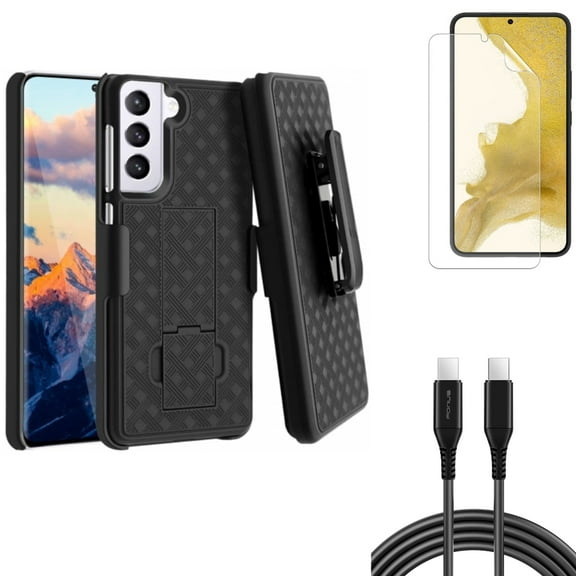 For Samsung Galaxy S21 (6.2") - Anti-Glare TPU Film Matte Screen Protector   Swivel Holster Case Belt Clip   Power PD Fast Charger Cord 10ft Long USB-C Cable