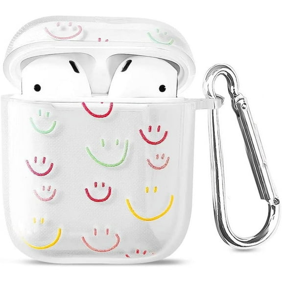 Cute Airpod 2/1 Clear Case with Keychain, Cartoon Doodle Smiley Face Design Soft Silicone Smooth Shockproof Compatible with Airpods 2 & 1 Charging Case for Girls Kids Women-Smile F