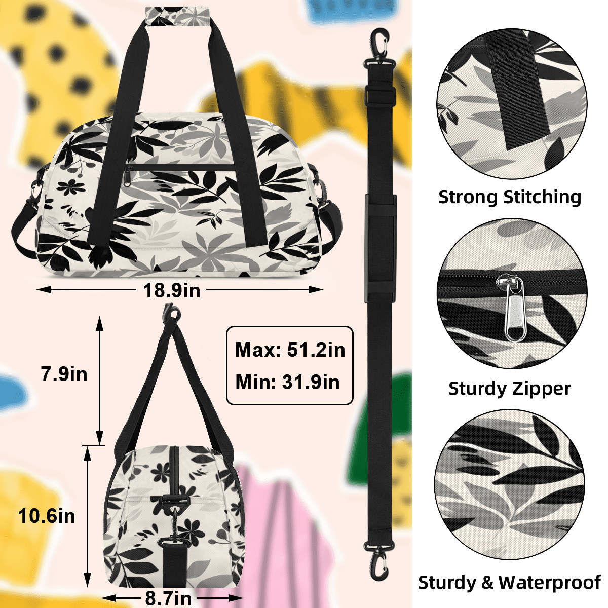 Herdesigns Leaves Sports Duffle Bag for Women & Men, Plant Leaves Gym Bag Dance Bag Overnight Bag Carry On Weekender Travel Bag