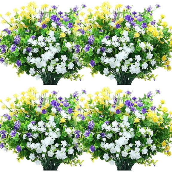 3Artificial Flowers Outdoor, UV Resistant Faux Artificial Plants Shrubs Flower Bulk for Hanging Planter Porch Window Home Wedding Spring Summer Decor (Yellow, Purple, White)