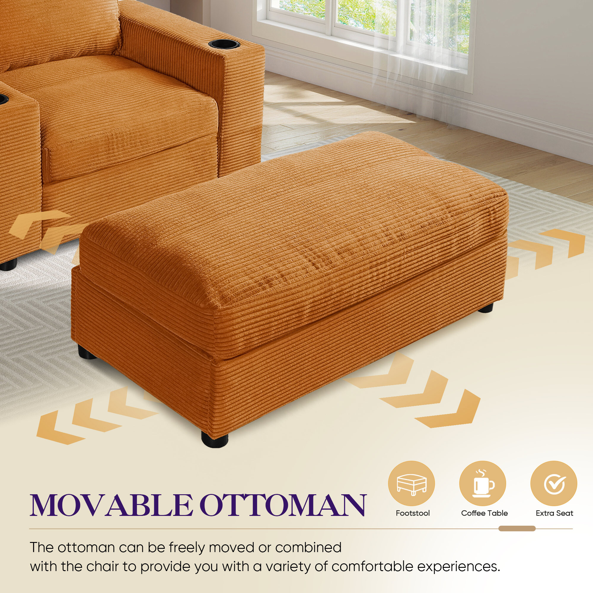 Lunale 42.8" Accent Chair with Ottoman, Indoor Chaise Lounge Chair with USB & Storage, Plush Reading Sofa Armchair for Living Room, Bedroom, Apt, Orange Corduroy